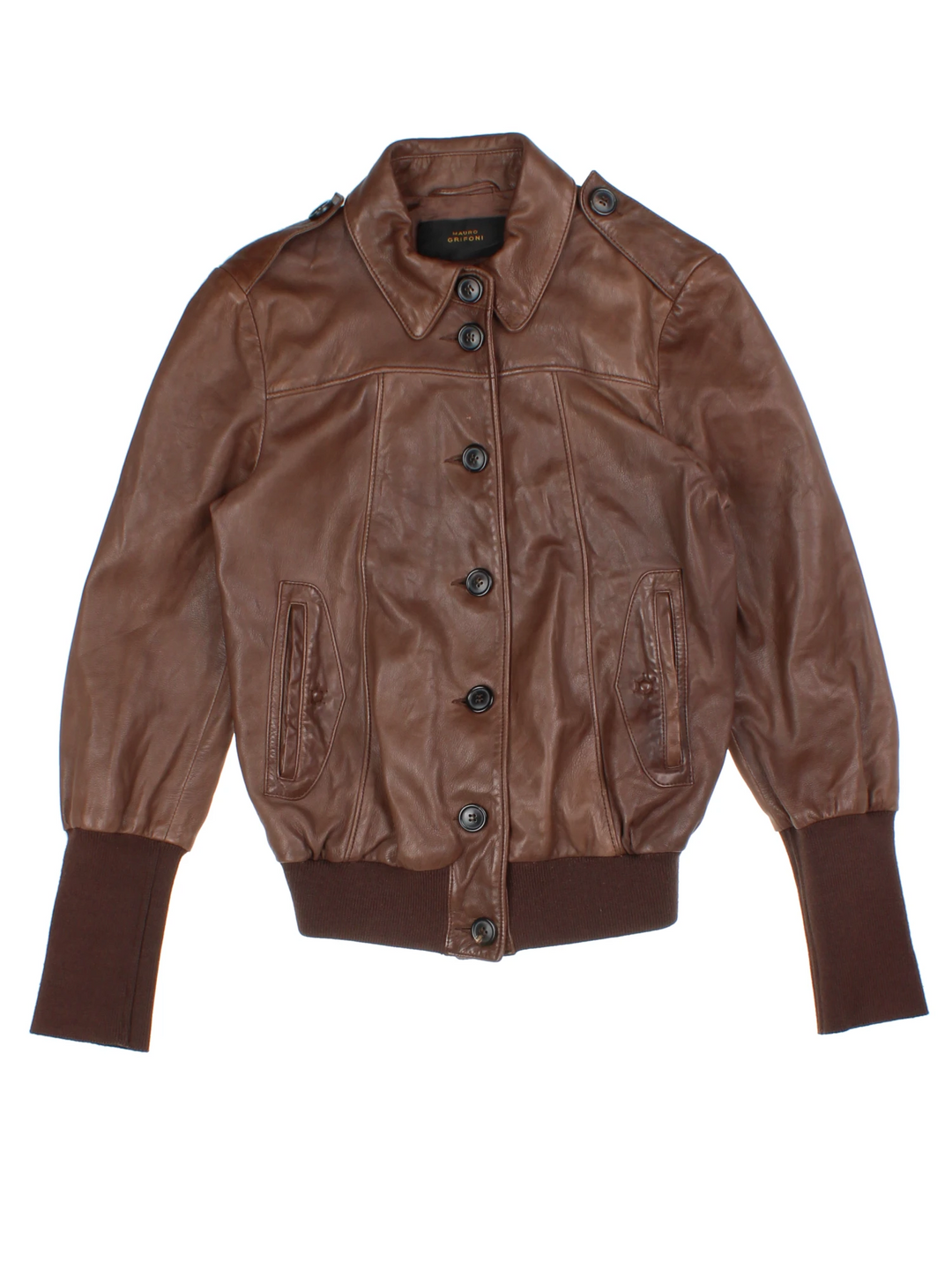 Y2K Brown Leather Bomber Jacket (Size M)
