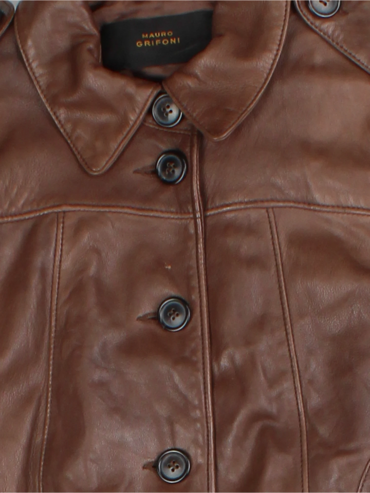 Y2K Brown Leather Bomber Jacket (Size M)