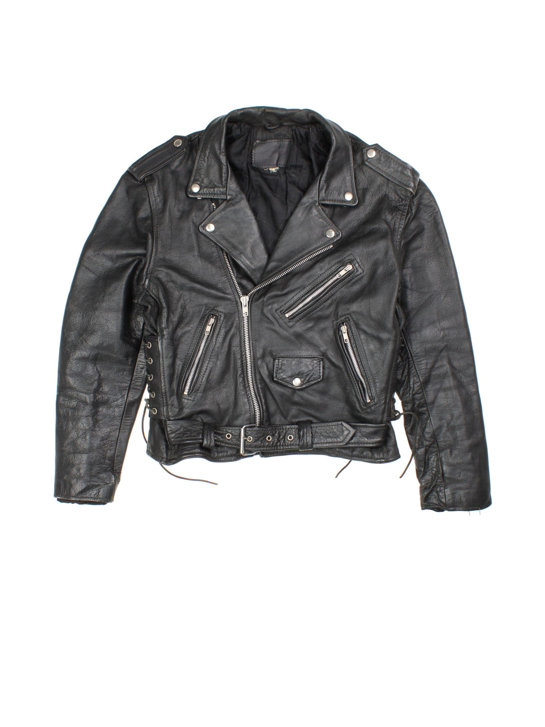 Vintage Leather Biker Jacket in a black colourway. Zip up with multiple pockets, classic biker detailing, buckle and lace detailing at the hem and side.