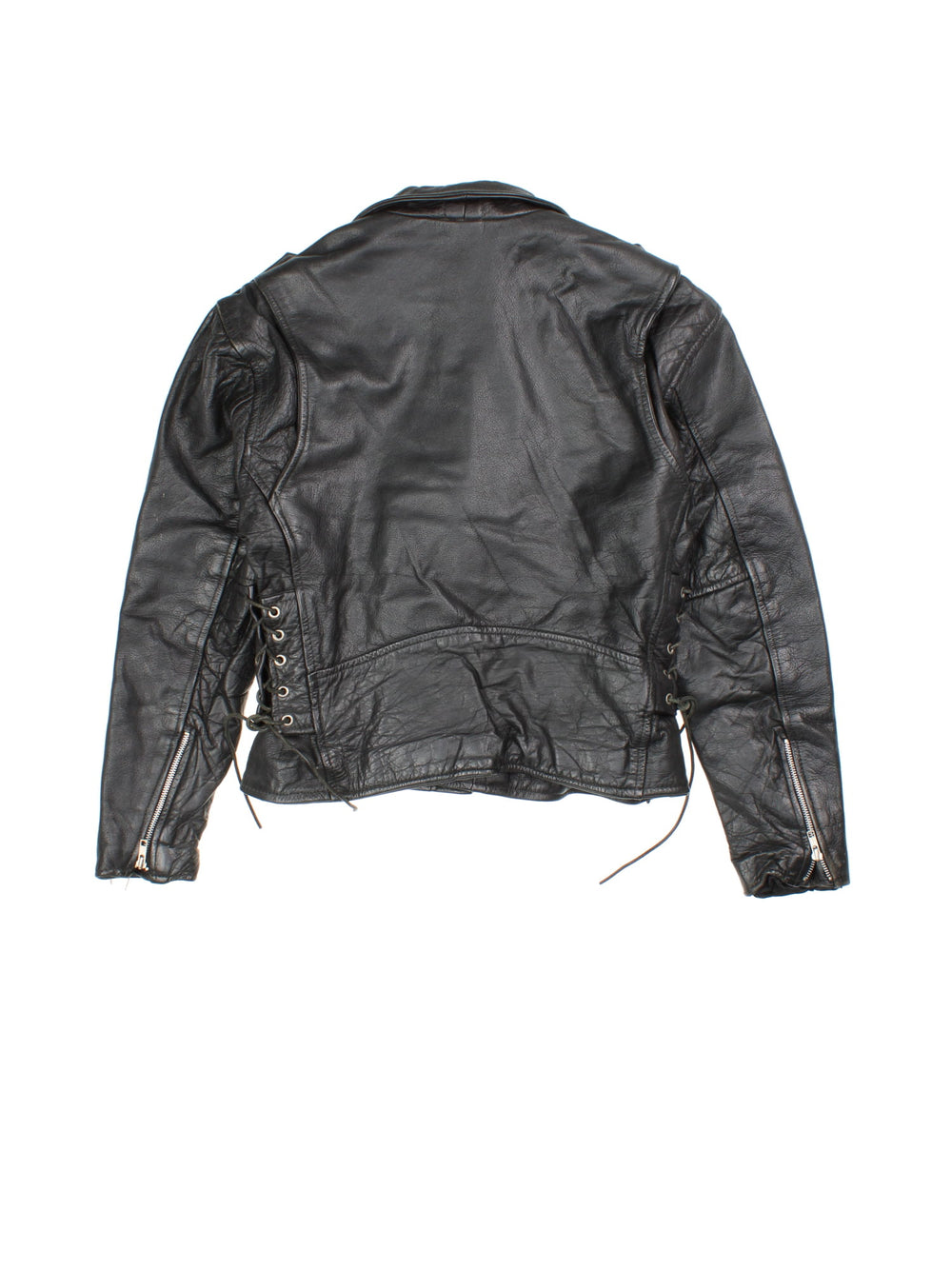 Vintage Leather Biker Jacket in a black colourway. Zip up with multiple pockets, classic biker detailing, buckle and lace detailing at the hem and side.