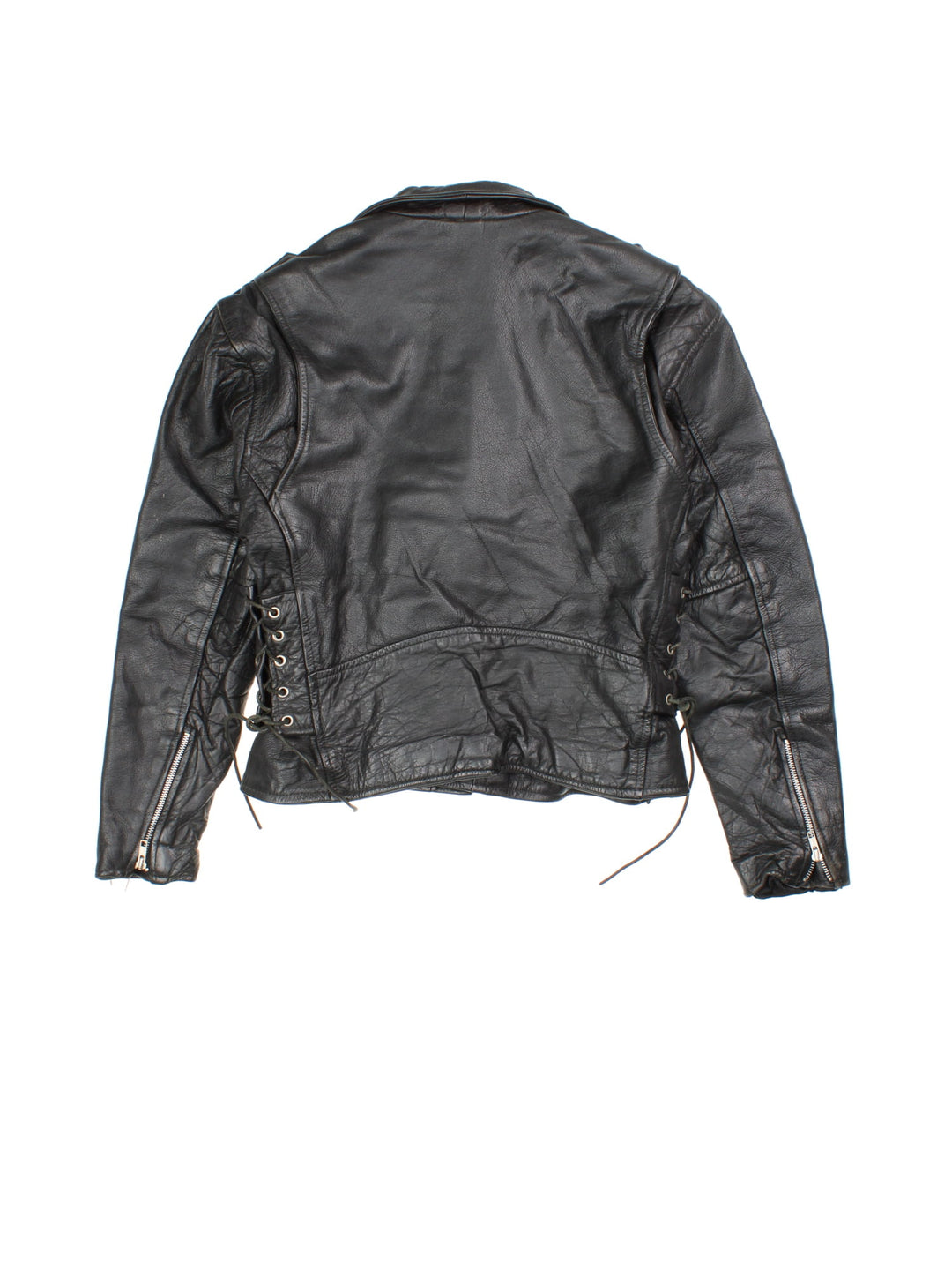 Vintage Leather Biker Jacket in a black colourway. Zip up with multiple pockets, classic biker detailing, buckle and lace detailing at the hem and side.