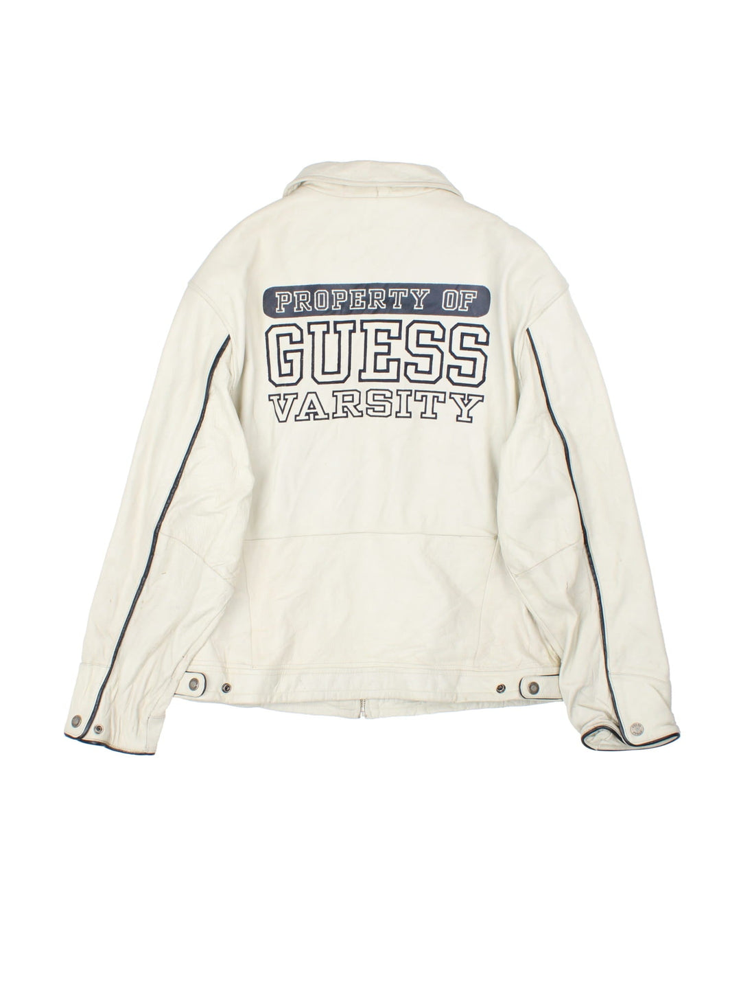 Vintage Guess 1981 Leather Jacket in a tan colourway. Full zip up with double pocket on the front. Varsity style lettering on the front and graphic on the back.