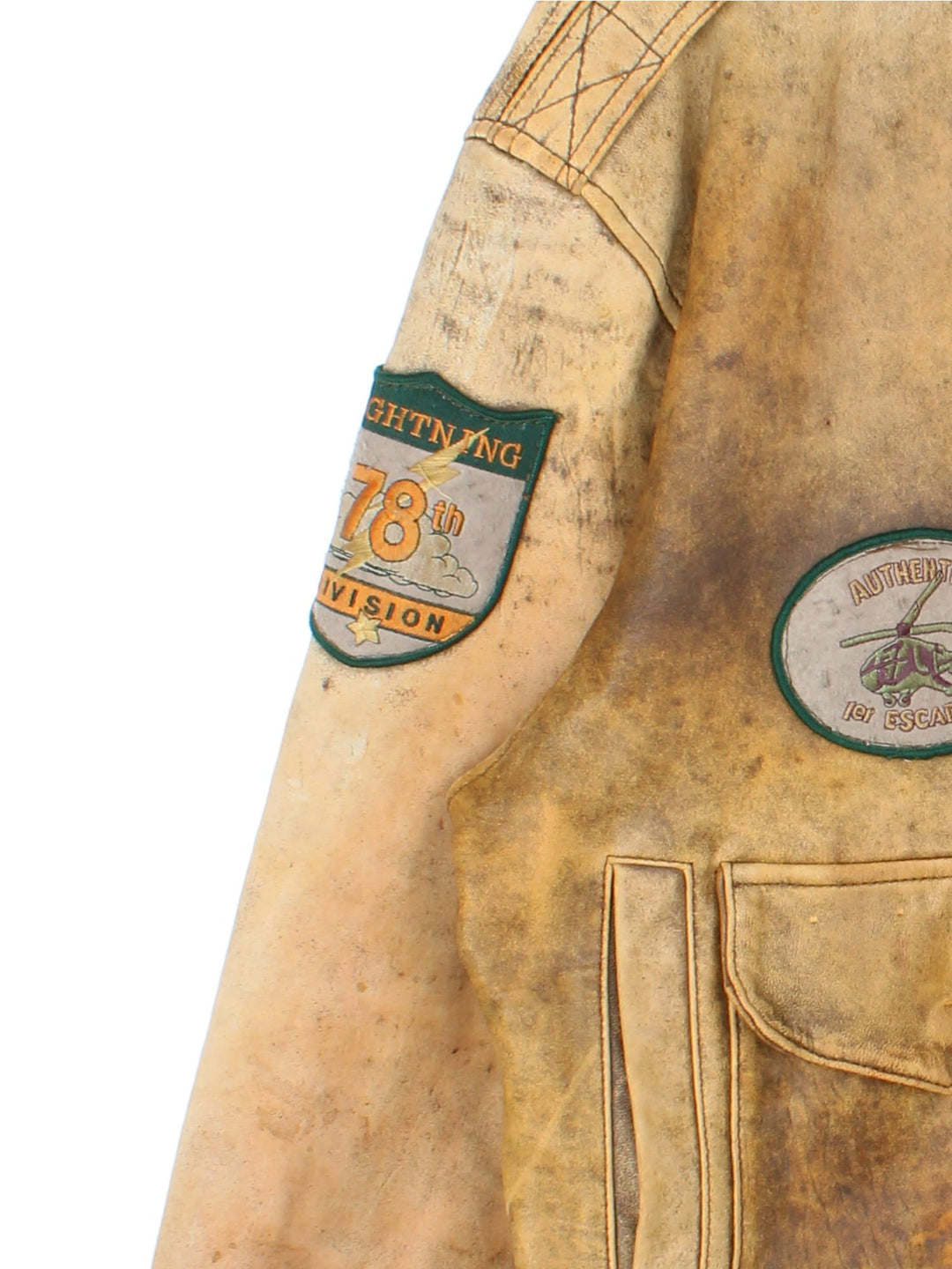 Vintage 90's Aviator Flight Leather Jacket in a brown colourway. Full zip up with double pocket on the front, Brown cuffed hem and classic aviator patches on the front and sleeves.