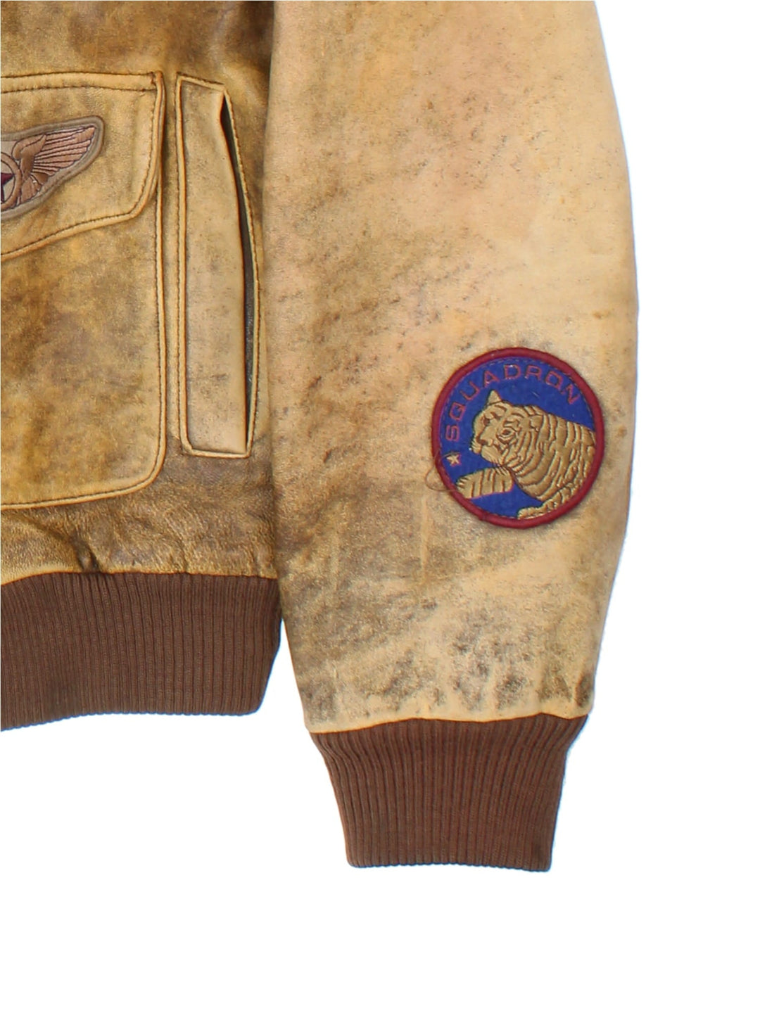 Vintage 90's Aviator Flight Leather Jacket in a brown colourway. Full zip up with double pocket on the front, Brown cuffed hem and classic aviator patches on the front and sleeves.