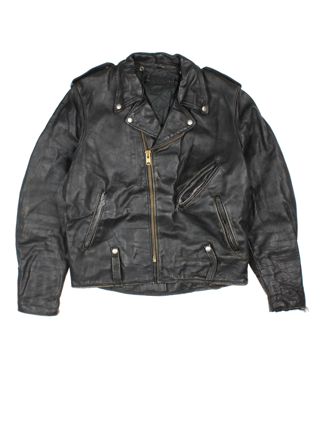 Vintage Leather Biker Jacket in a black colourway. Zips up and has multiple pockets.