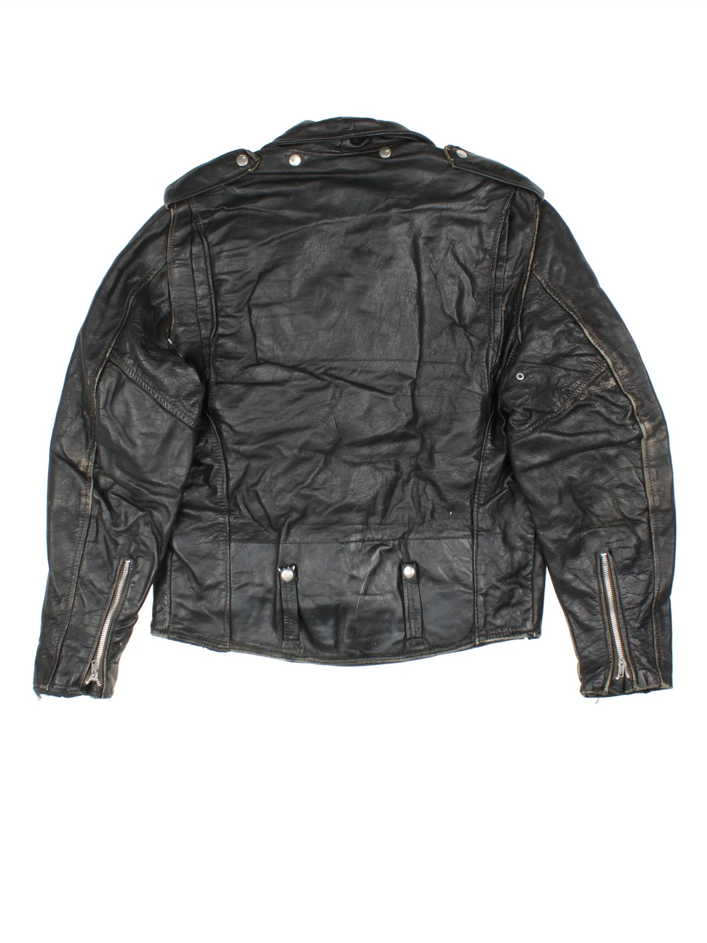 Vintage Leather Biker Jacket in a black colourway. Zips up and has multiple pockets.