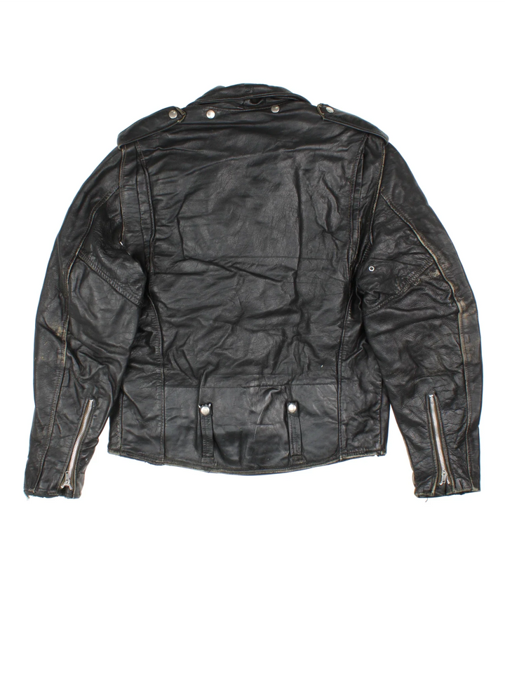 Vintage Leather Biker Jacket in a black colourway. Zips up and has multiple pockets.
