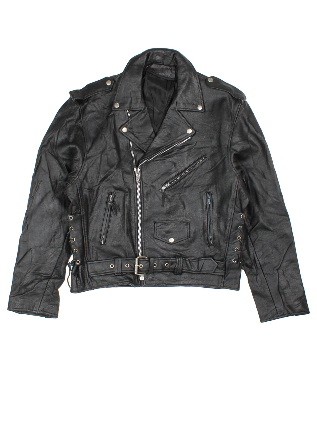 Vintage Leather Biker Jacket in a black colourway. Zips up and has multiple pockets and Oklahoma badge on the left sleeve.
