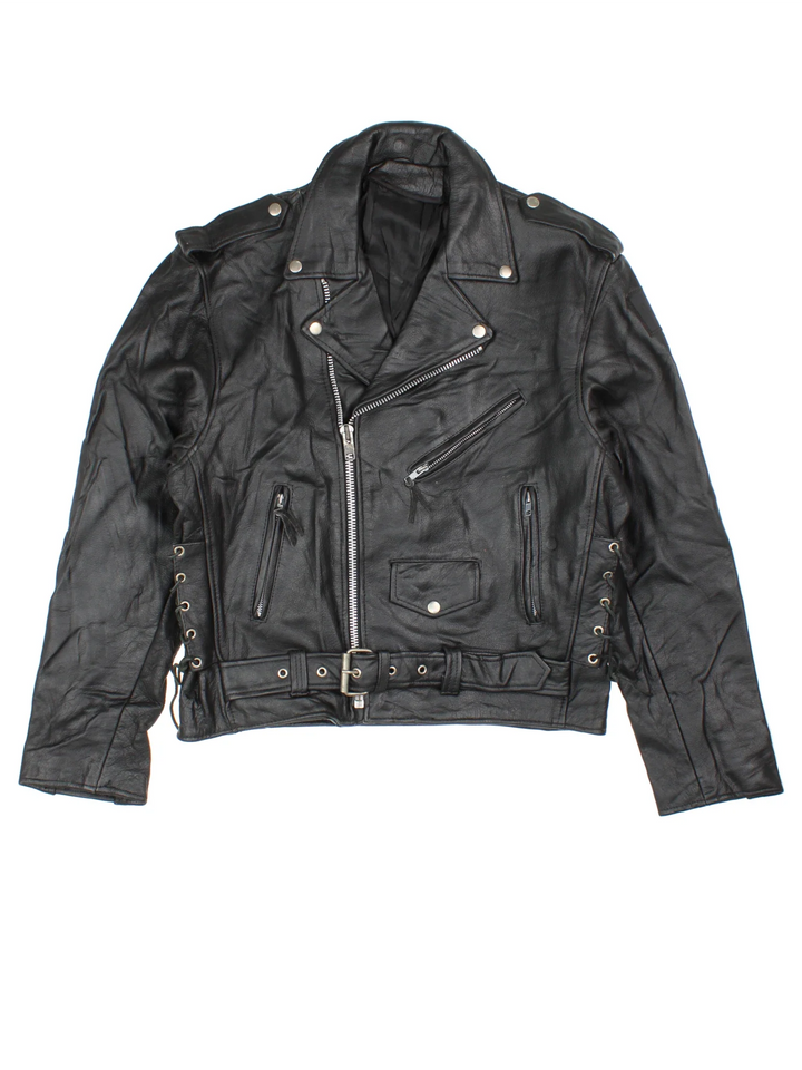 Vintage Leather Biker Jacket in a black colourway. Zips up and has multiple pockets and Oklahoma badge on the left sleeve.