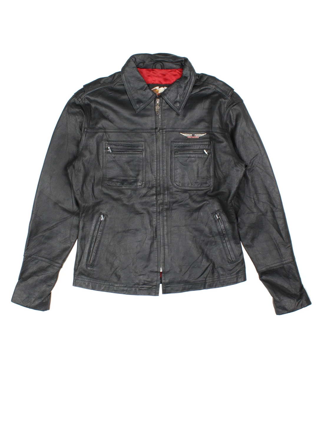 Harley-Davidson Leather Biker Jacket in a black colourway. Zips up and has multiple pockets and the logo tab embroidered on the chest.