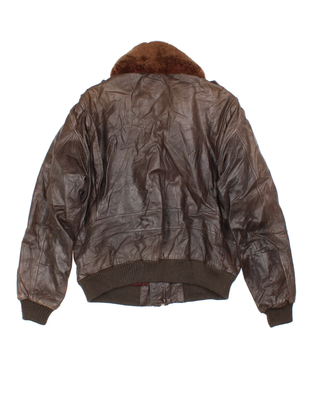 Vintage Leather Flight Jacket in a brown colourway. Zips up and has multiple pockets, and detachable fur collar trim.