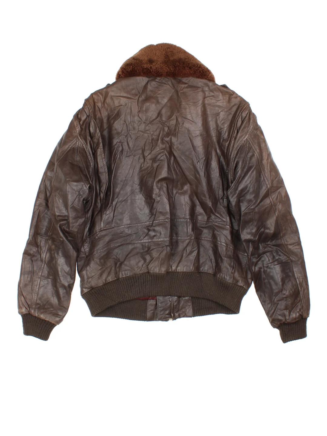 Vintage Leather Flight Jacket in a brown colourway. Zips up and has multiple pockets, and detachable fur collar trim.