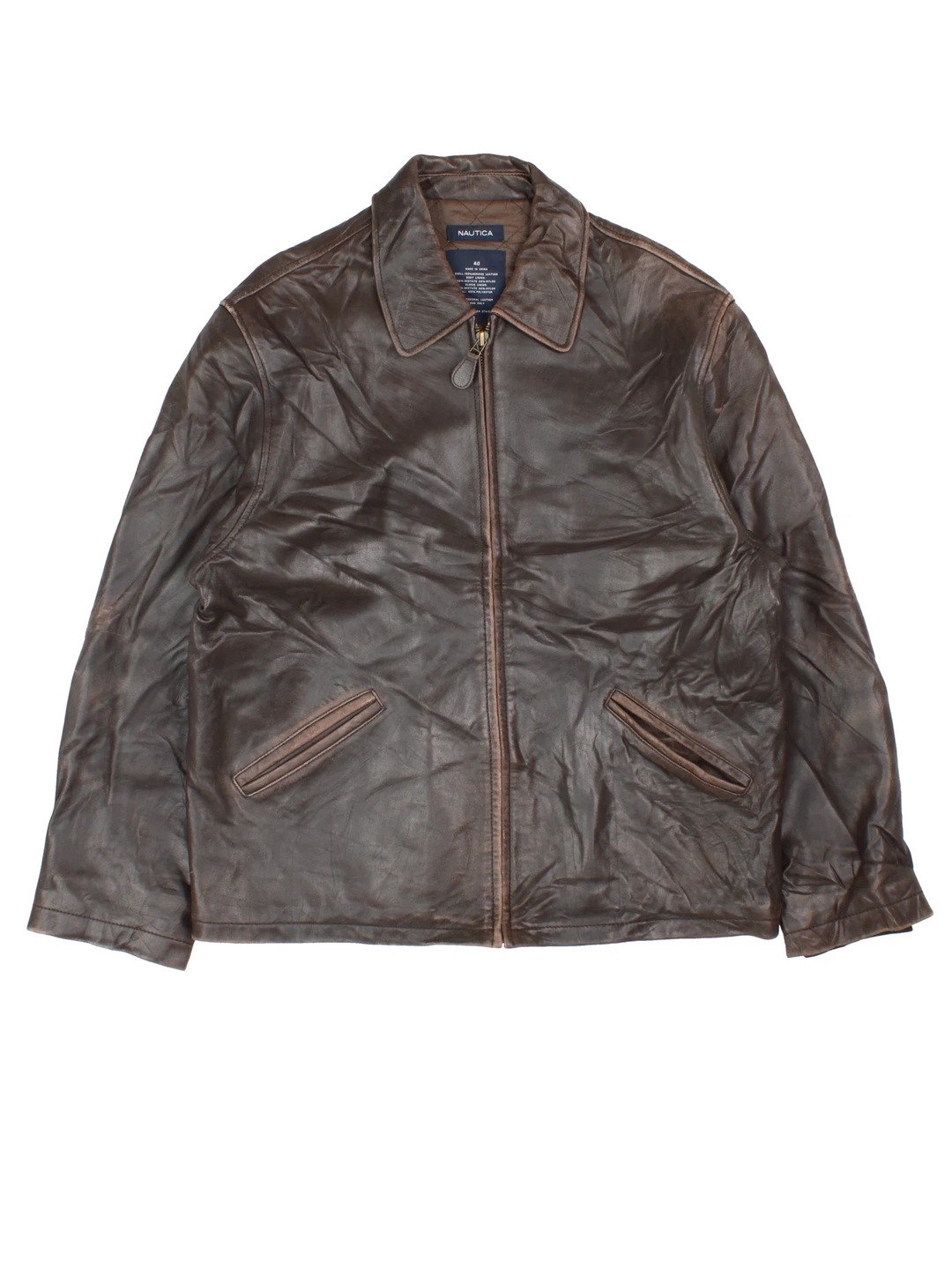Nautica Leather Jacket in a brown colourway. Zips up and has side pockets.