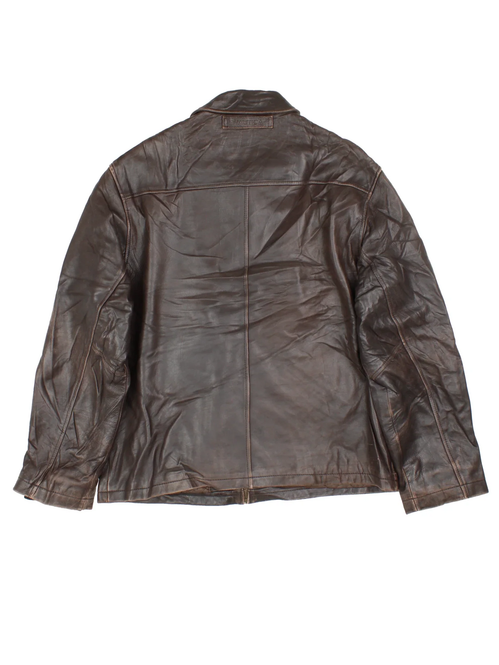 Nautica Leather Jacket in a brown colourway. Zips up and has side pockets.