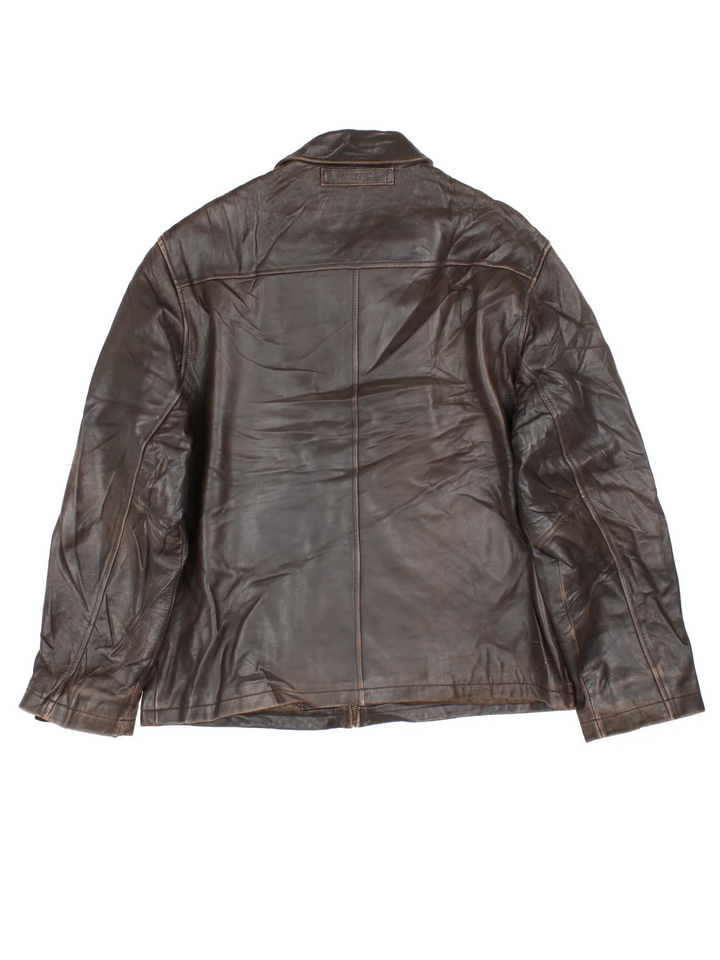 Nautica Leather Jacket in a brown colourway. Zips up and has side pockets.