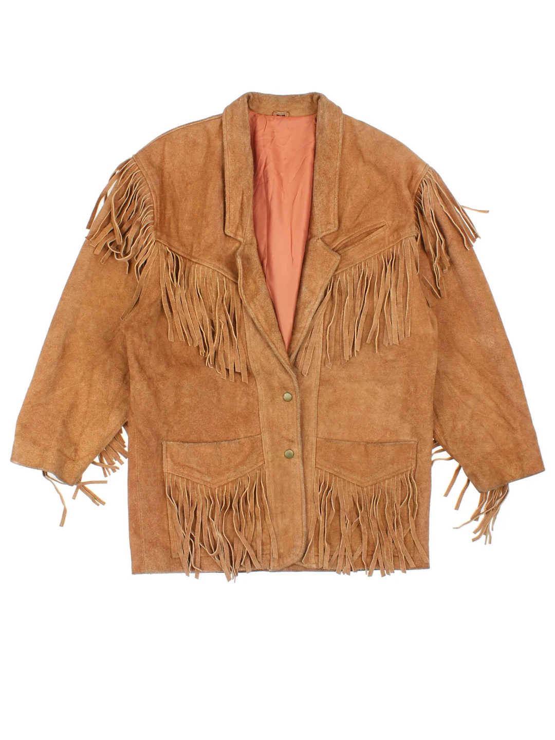 Vintage Western Suede Leather Fringe Jacket in a brown colourway. Buttons up and has front pockets, and tassel detailing throughout.