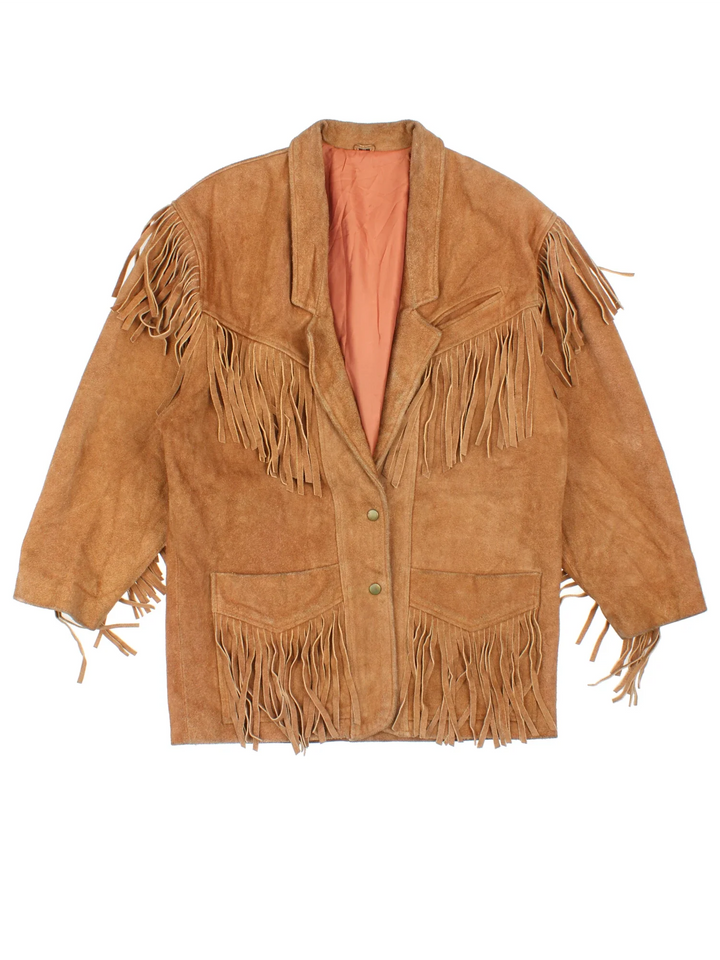 Vintage Western Suede Leather Fringe Jacket in a brown colourway. Buttons up and has front pockets, and tassel detailing throughout.