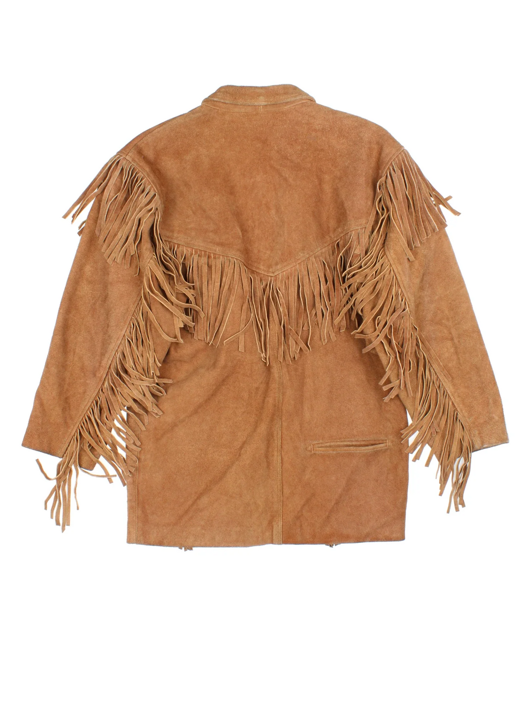 Vintage Western Suede Leather Fringe Jacket in a brown colourway. Buttons up and has front pockets, and tassel detailing throughout.
