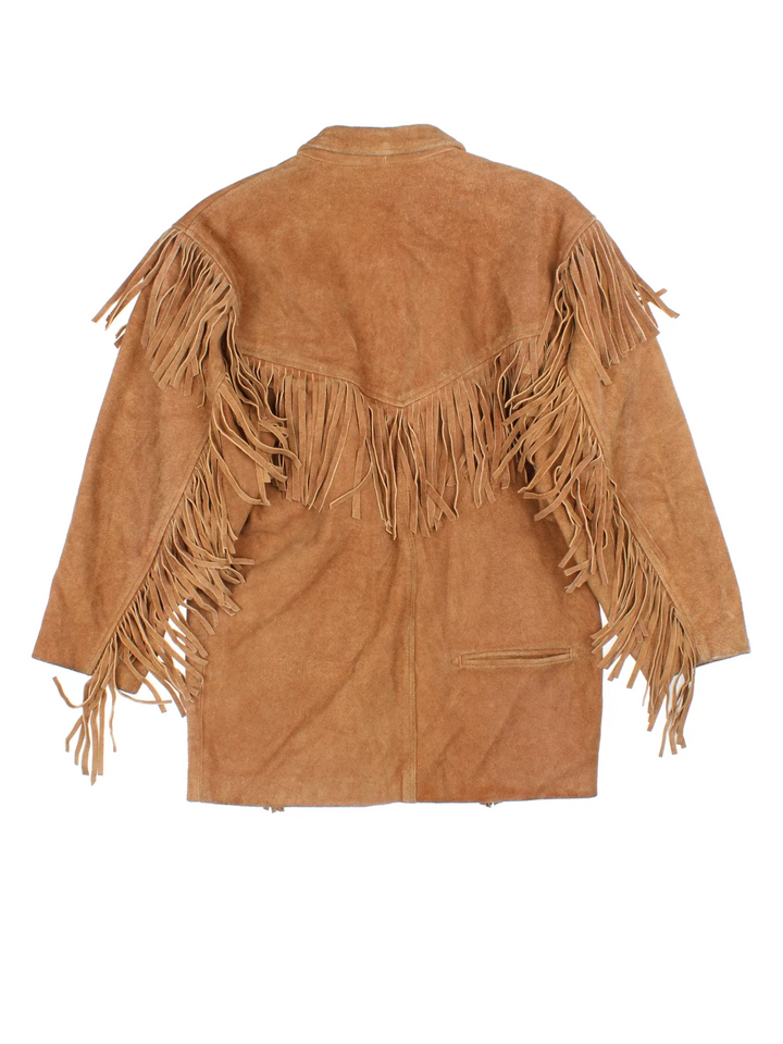 Vintage Western Suede Leather Fringe Jacket in a brown colourway. Buttons up and has front pockets, and tassel detailing throughout.