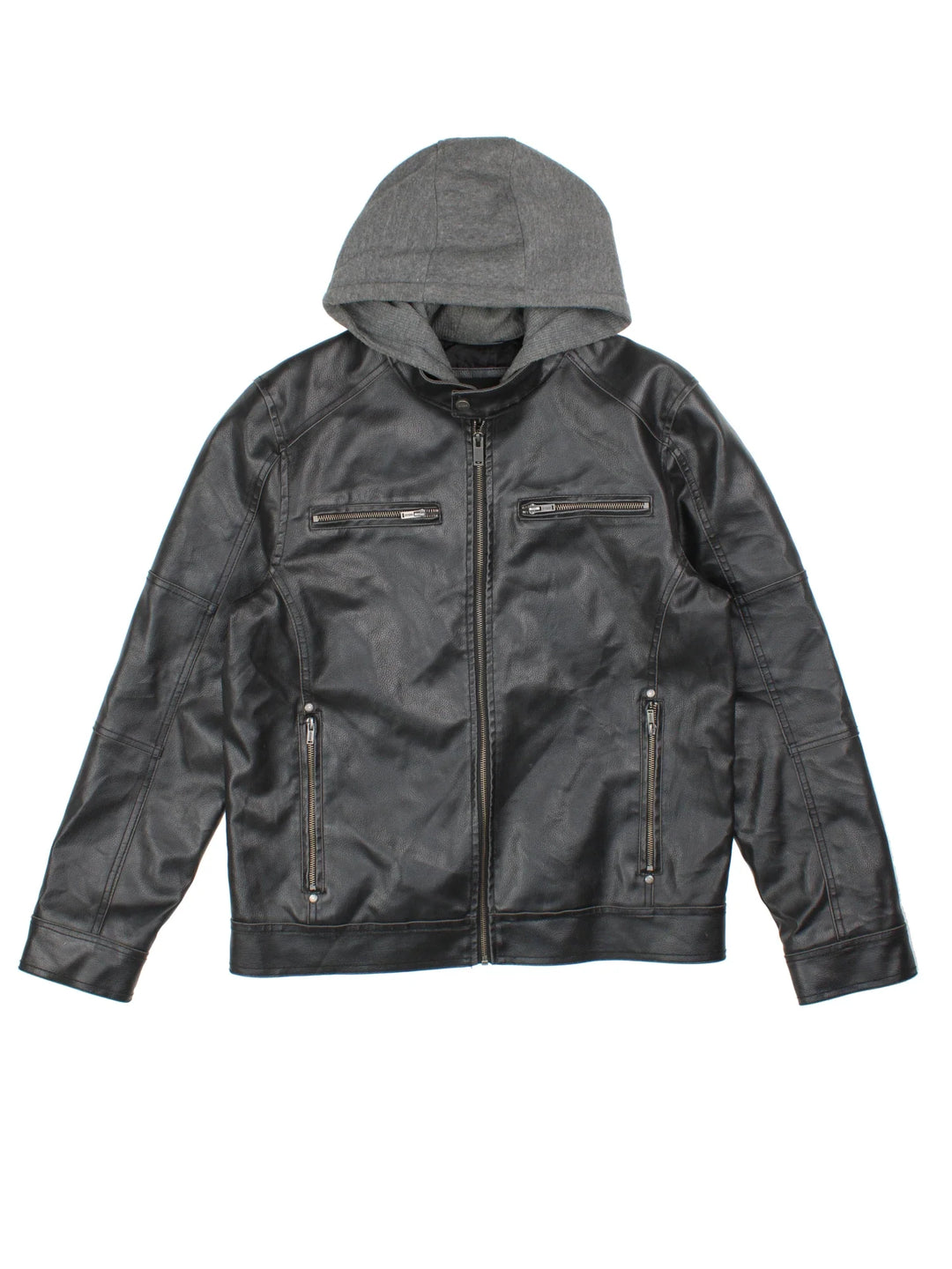 Vintage Guess Hooded Leather Jacket in a black colourway. Zips up and has multiple pockets, insulated with a removable hooded lining, and branded zips.