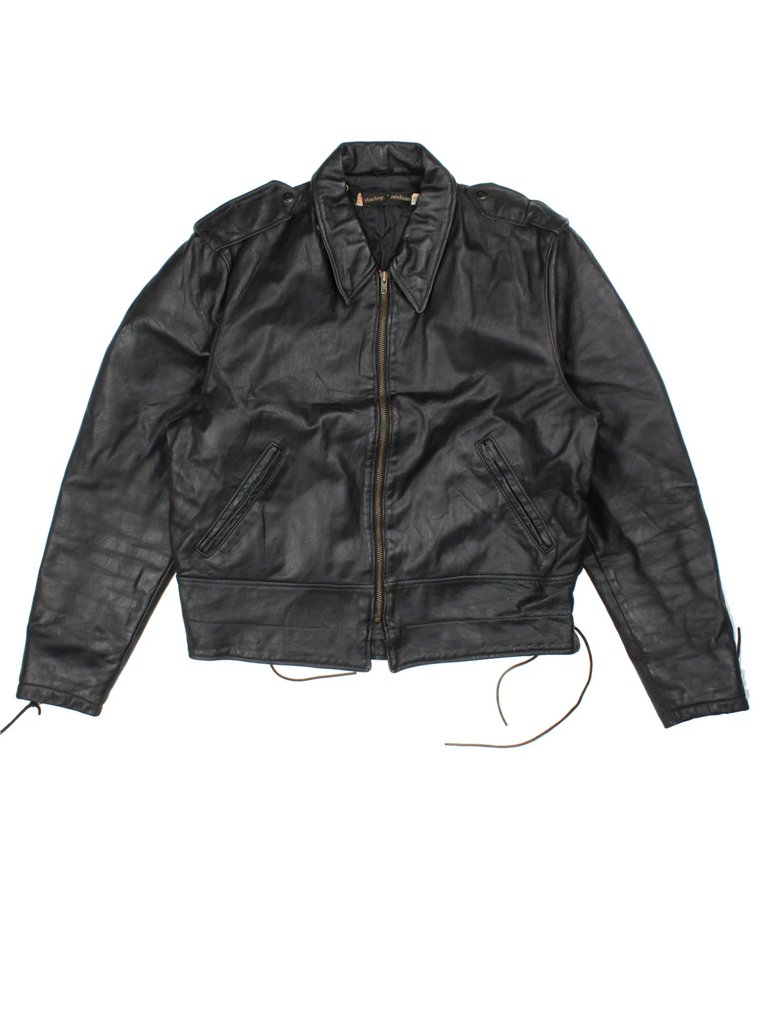 Vintage Harley-Davidson Embroidered Leather Motorcycle Jacket in a black colourway. Zips up and has multiple pockets, insulated with a quilted lining, side tie detail and branding embroidered on the back.