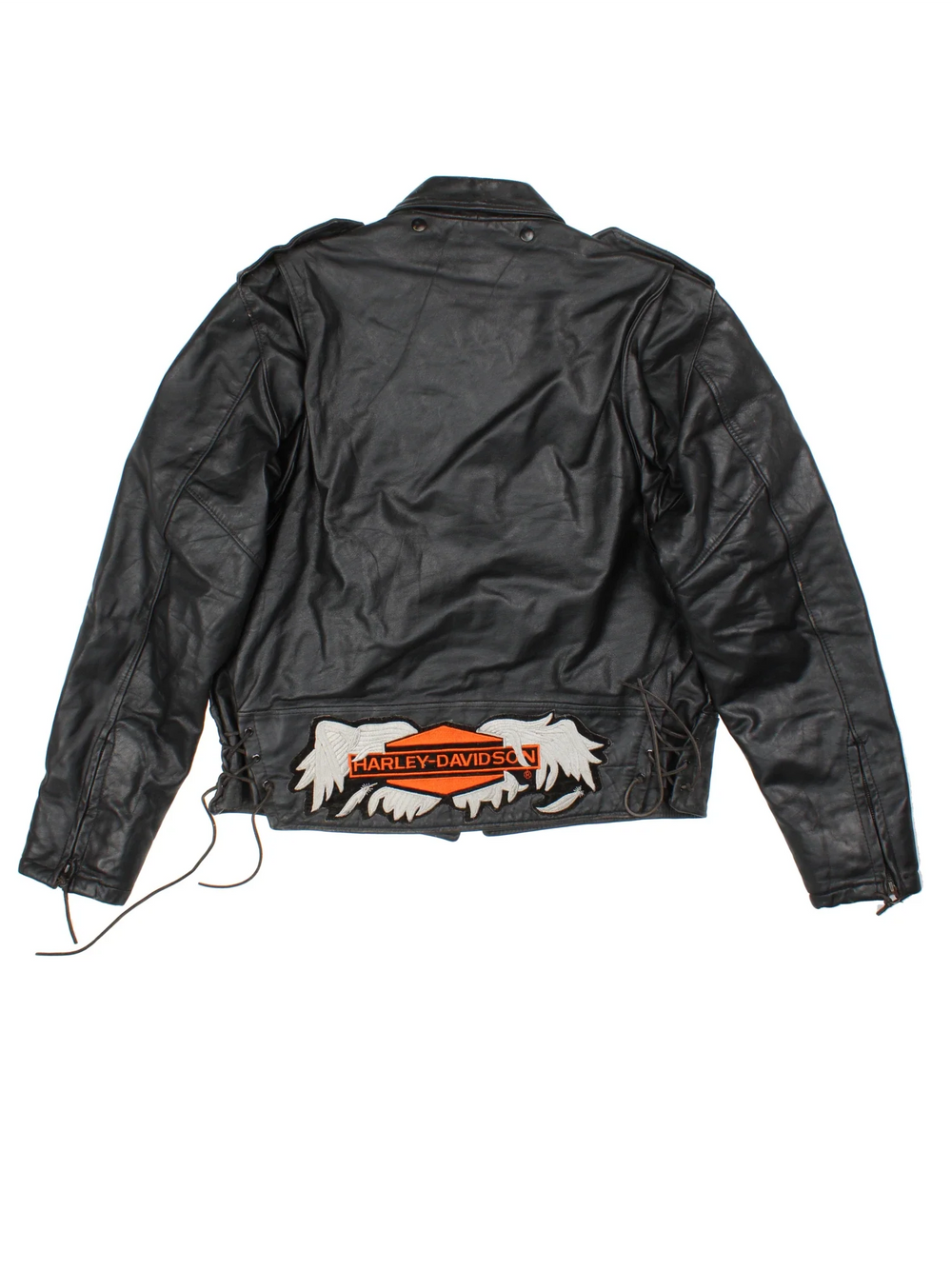 Vintage Harley-Davidson Embroidered Leather Motorcycle Jacket in a black colourway. Zips up and has multiple pockets, insulated with a quilted lining, side tie detail and branding embroidered on the back.