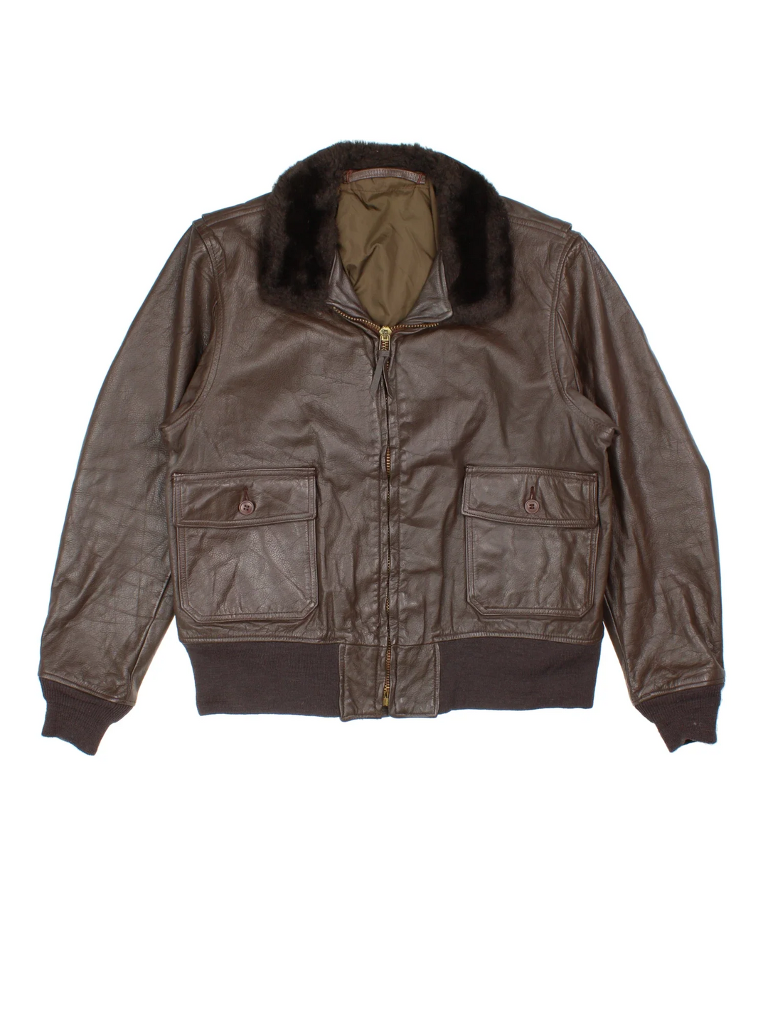 Vintage Leather Aviator Jacket in a brown colourway. Zips up and has front patch pockets, insulated with lining, elasticated cuffs and faux fur collar.