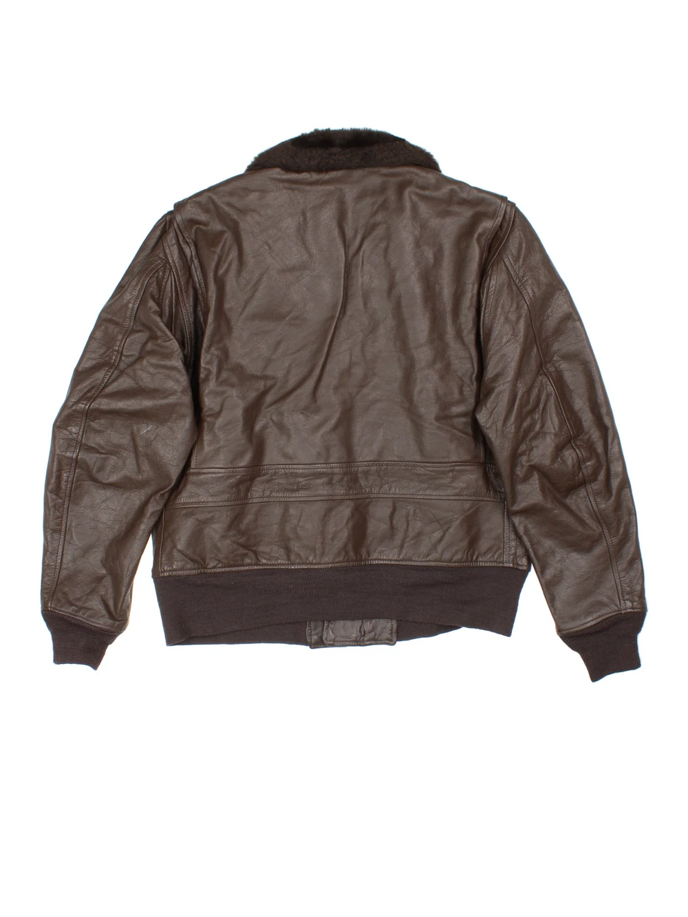 Vintage Leather Aviator Jacket in a brown colourway. Zips up and has front patch pockets, insulated with lining, elasticated cuffs and faux fur collar.