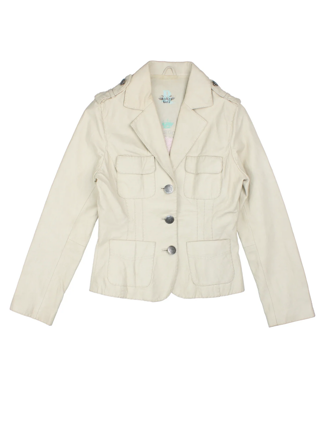 Y2K Leather Blazer in a white colourway. Buttons up and has front patch pockets, insulated with lining and lapel detail.