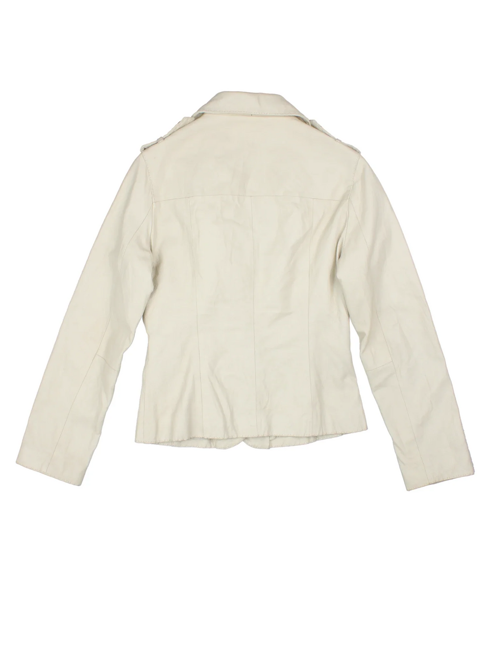 Y2K Leather Blazer in a white colourway. Buttons up and has front patch pockets, insulated with lining and lapel detail.