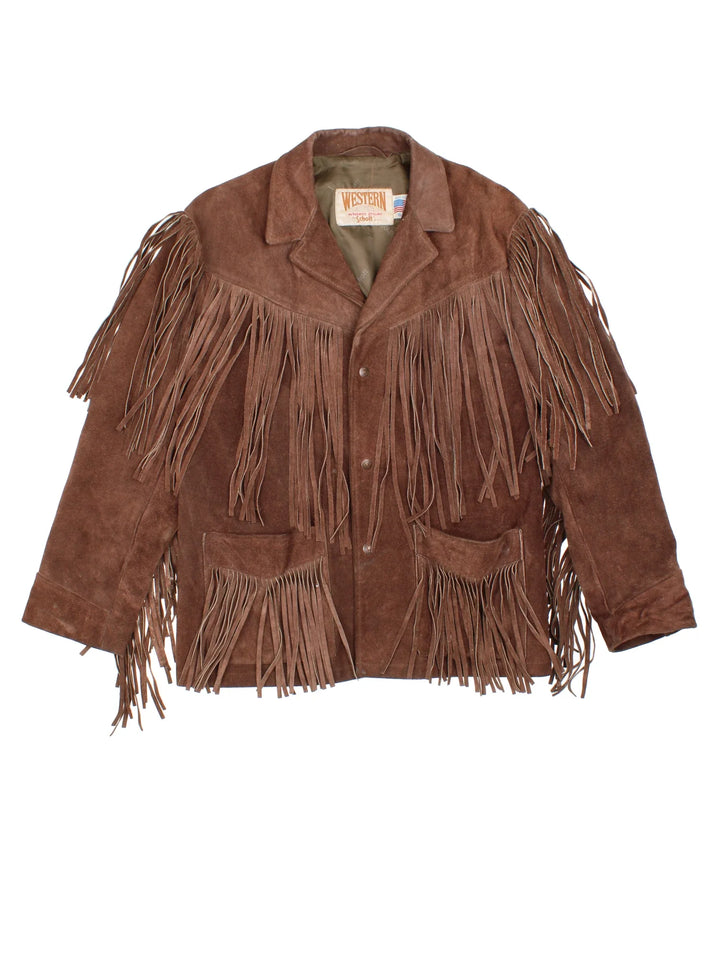 Vintage Schott Fringed Western Suede Leather Jacket in a brown colourway. Buttons up and has front patch pockets and all over fringe detail.