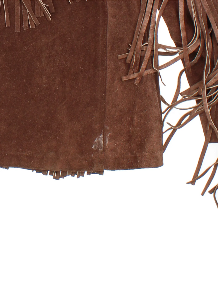 Vintage Schott Fringed Western Suede Leather Jacket in a brown colourway. Buttons up and has front patch pockets and all over fringe detail.