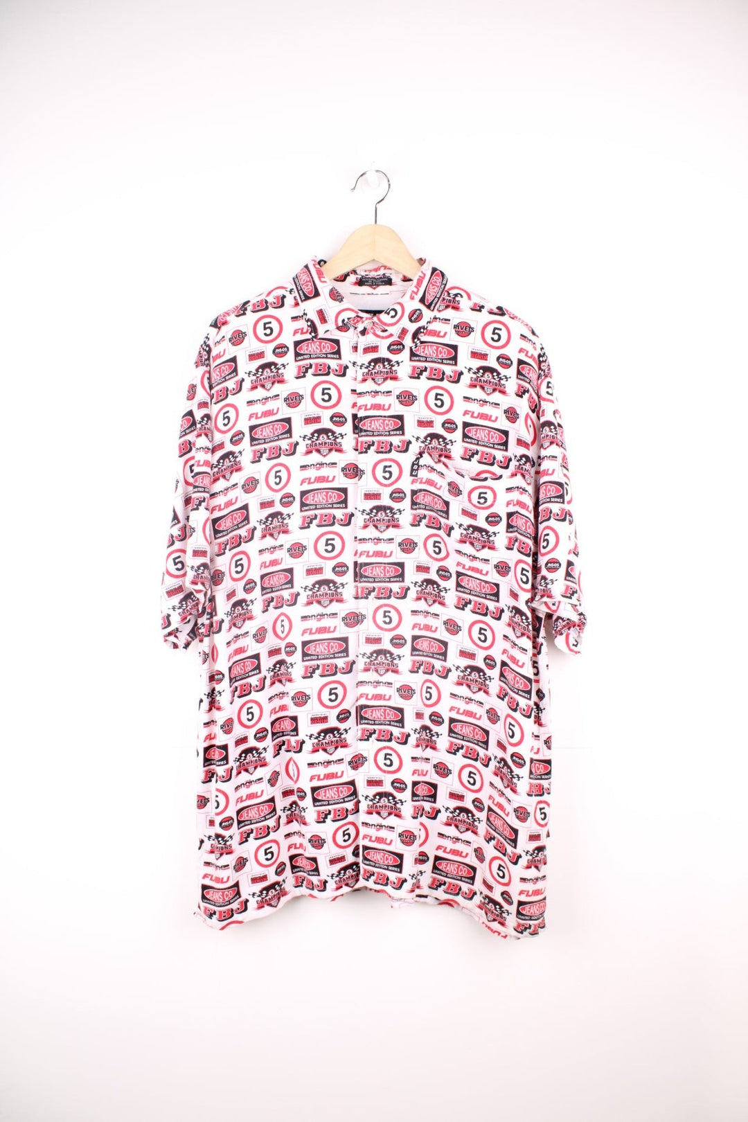 Y2K Fubu Logo Shirt in a white, red and black colourway, button up, has a chest pocket and different logo designs printed all over. 