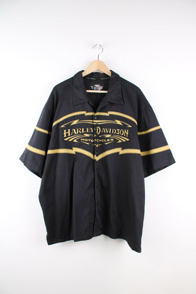 Harley-Davidson black and gold short sleeve cotton shirt, with large embroidered motif on the front and back 