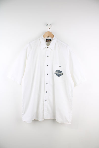 Harley-Davidson all white button up short sleeved shirt with printed vintage style photograph on the back