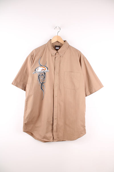 Harley-Davidson 'Screamin' Eagle' brown cotton button up shirt with tattoo style graphic on the chest  