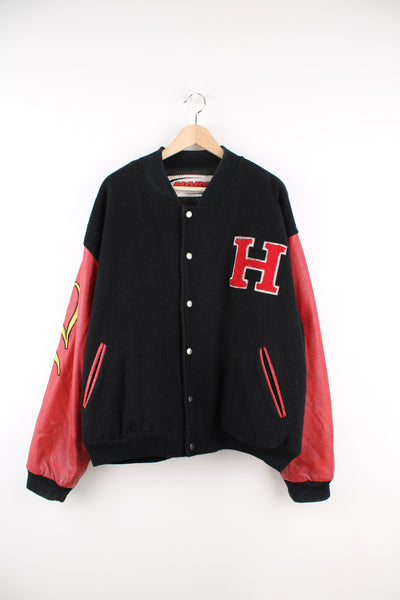 Vintage HARO BMX Bikes, black wool embroidered varsity jacket with red leather sleeves, features spell-out embroidery on the sleeve, chest and back of jacket
