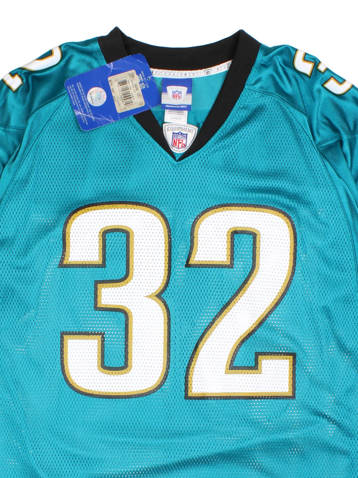2009 Jacksonville Jaguars Maurice Jones-Drew #32 jersey. Signed on the back, made by Reebok. Still has original tags, features printed letters/ numbers.