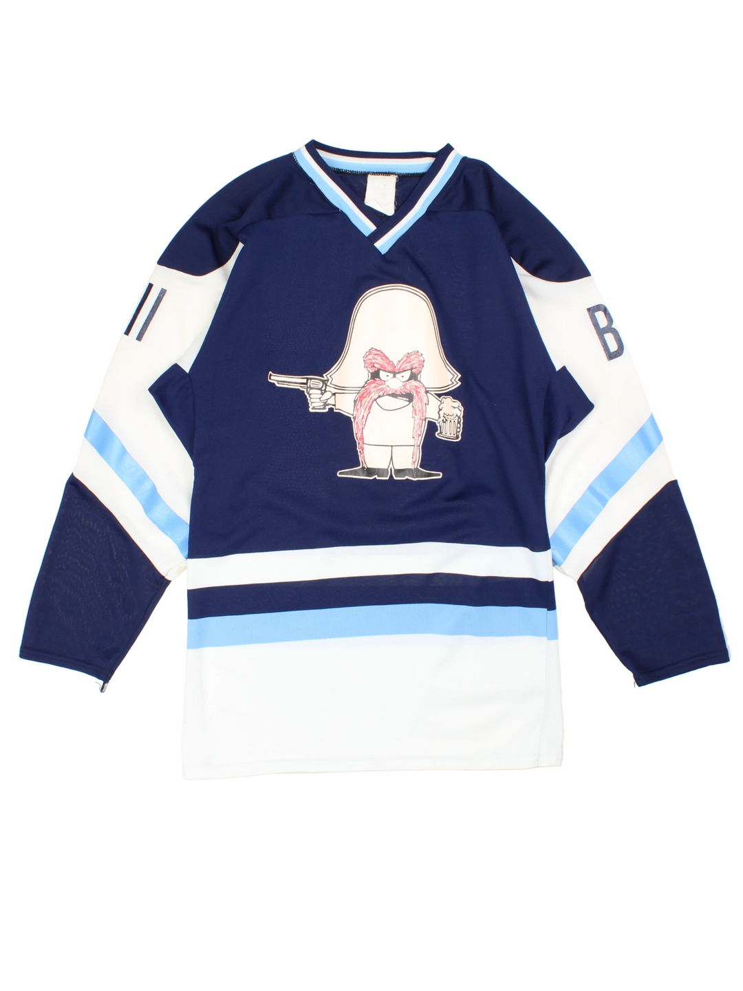 Vintage 90's Looney Tunes Bandit Hockey Jersey in a blue colourway with the bandit graphic printed on the front and on the back is Bandits number 4.