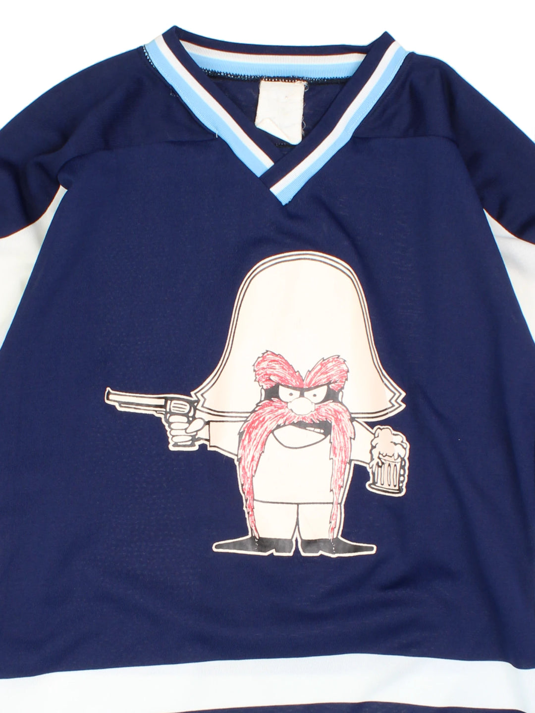 Vintage 90's Looney Tunes Bandit Hockey Jersey in a blue colourway with the bandit graphic printed on the front and on the back is Bandits number 4.
