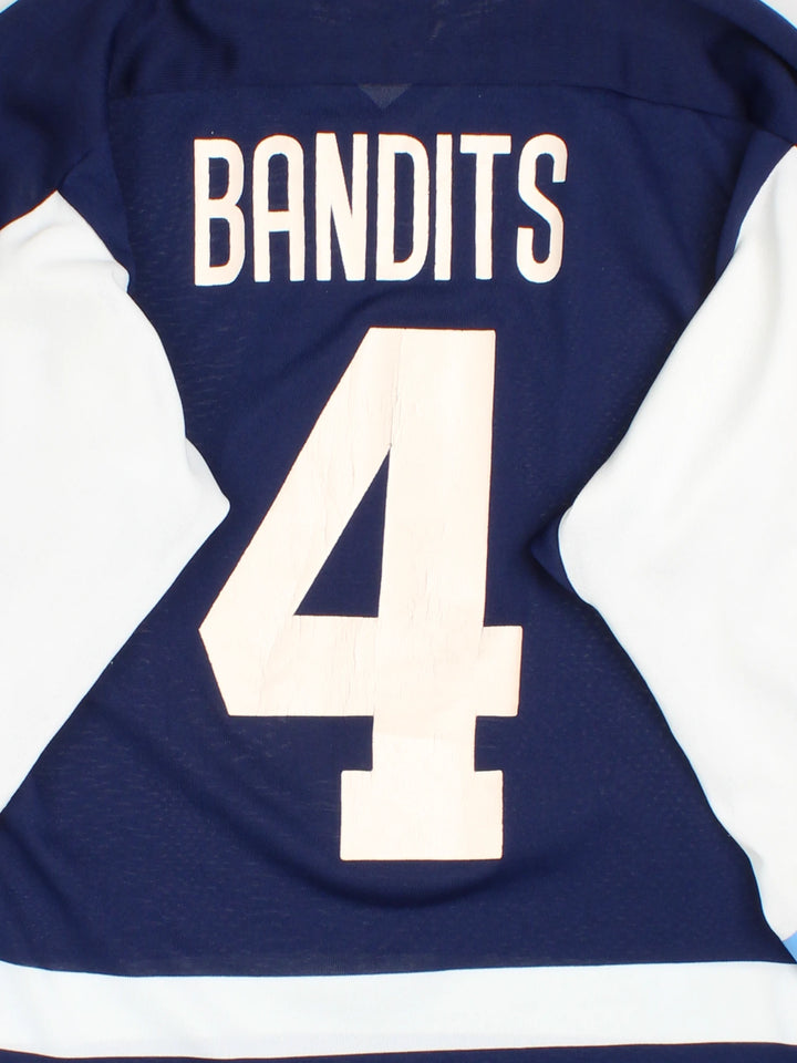 Vintage 90's Looney Tunes Bandit Hockey Jersey in a blue colourway with the bandit graphic printed on the front and on the back is Bandits number 4.