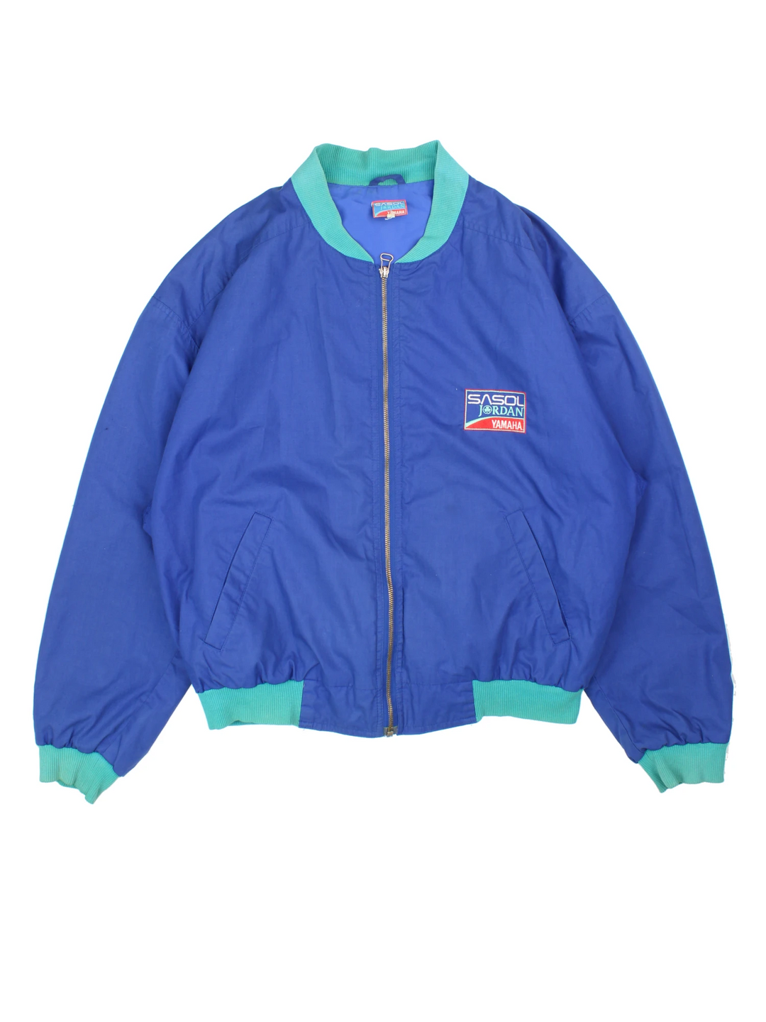 Rare vintage 1992 Sasol Jordan Yamaha blue cotton, zip through  racing jacket features F1 car Jordan 192 on the back