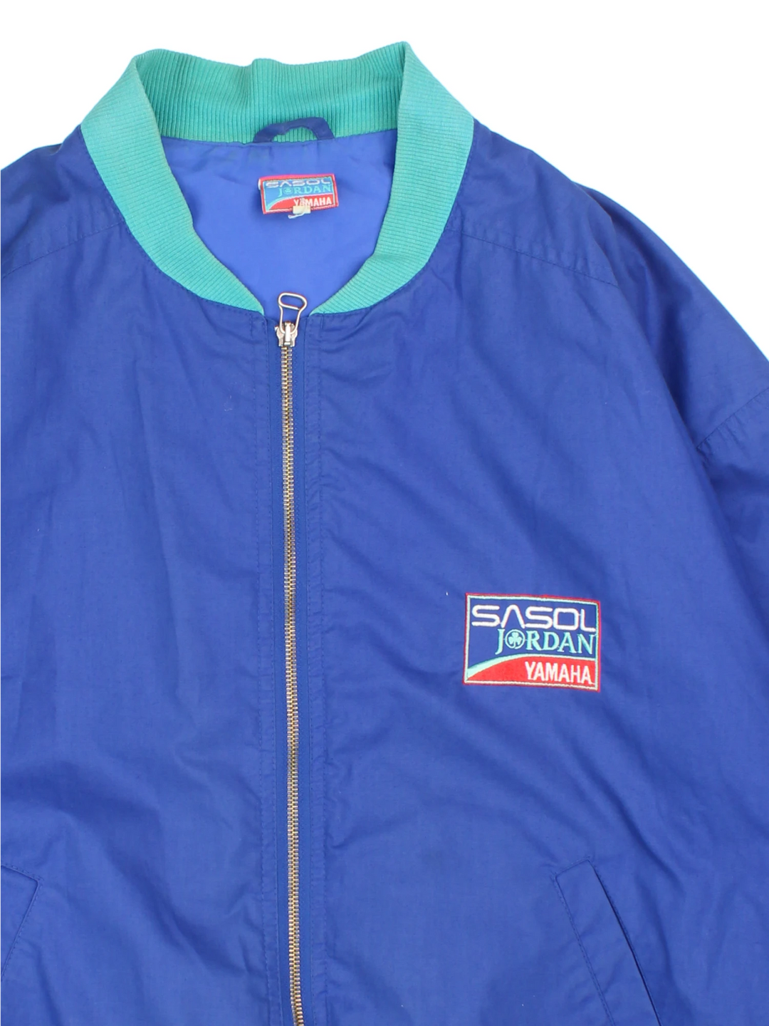 Rare vintage 1992 Sasol Jordan Yamaha blue cotton, zip through  racing jacket features F1 car Jordan 192 on the back