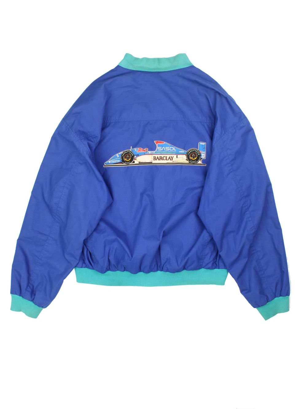 Rare vintage 1992 Sasol Jordan Yamaha blue cotton, zip through  racing jacket features F1 car Jordan 192 on the back