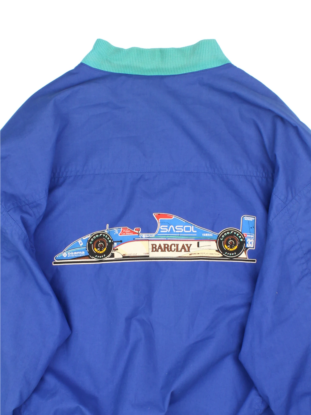 Rare vintage 1992 Sasol Jordan Yamaha blue cotton, zip through  racing jacket features F1 car Jordan 192 on the back