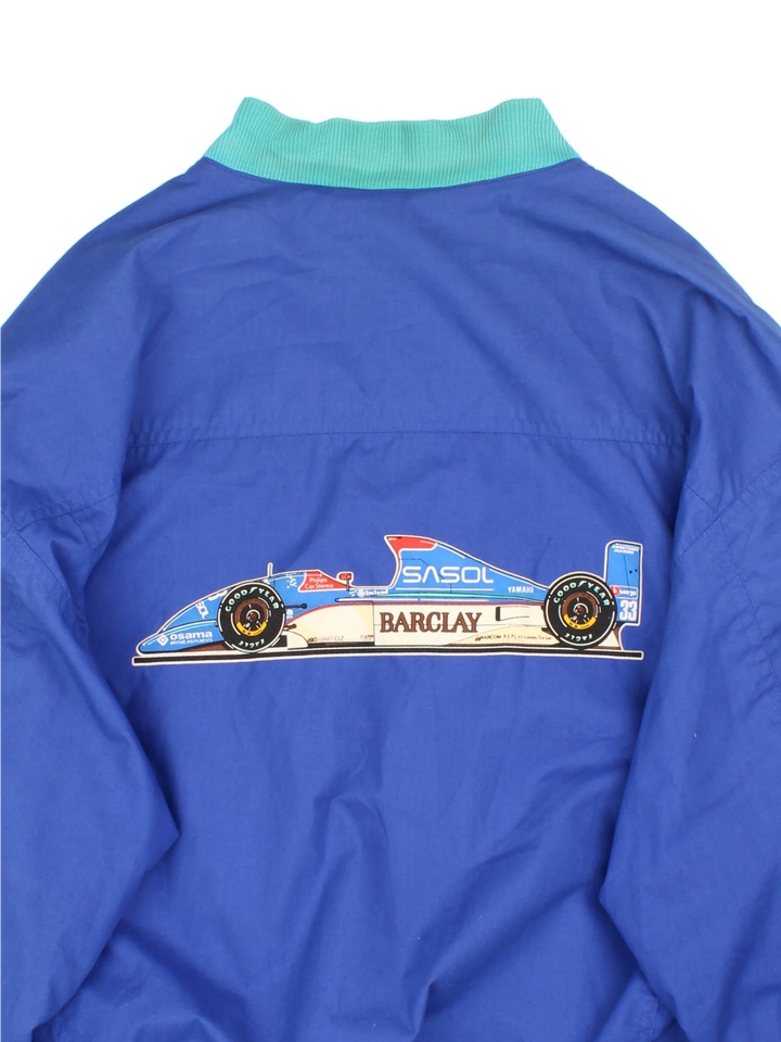 Rare vintage 1992 Sasol Jordan Yamaha blue cotton, zip through  racing jacket features F1 car Jordan 192 on the back