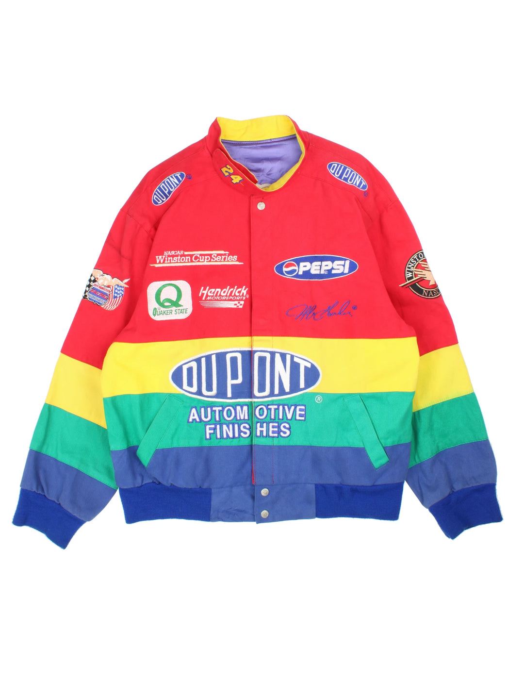 Vintage Jeff Gordon Du Pont, NASCAR bomber jacket in red, yellow, green and blue. Features embroidered badges.