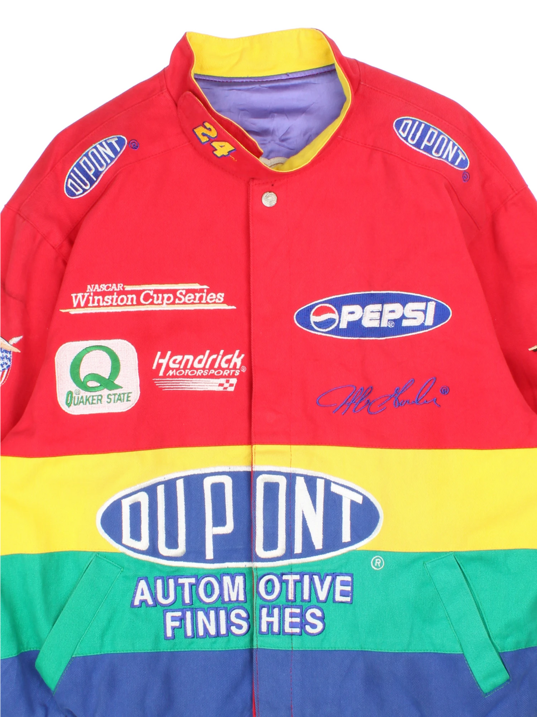 Vintage Jeff Gordon Du Pont, NASCAR bomber jacket in red, yellow, green and blue. Features embroidered badges.