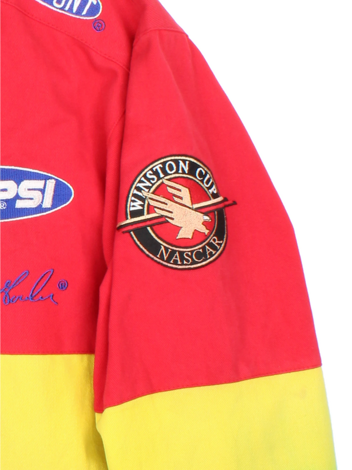 Vintage Jeff Gordon Du Pont, NASCAR bomber jacket in red, yellow, green and blue. Features embroidered badges.