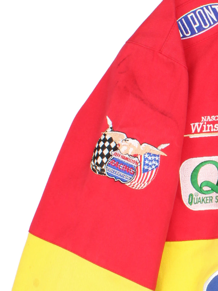 Vintage Jeff Gordon Du Pont, NASCAR bomber jacket in red, yellow, green and blue. Features embroidered badges.
